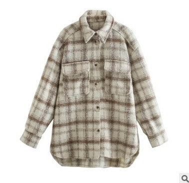 Fashion Ladies Plaid Loose Shirt Woolen Jacket