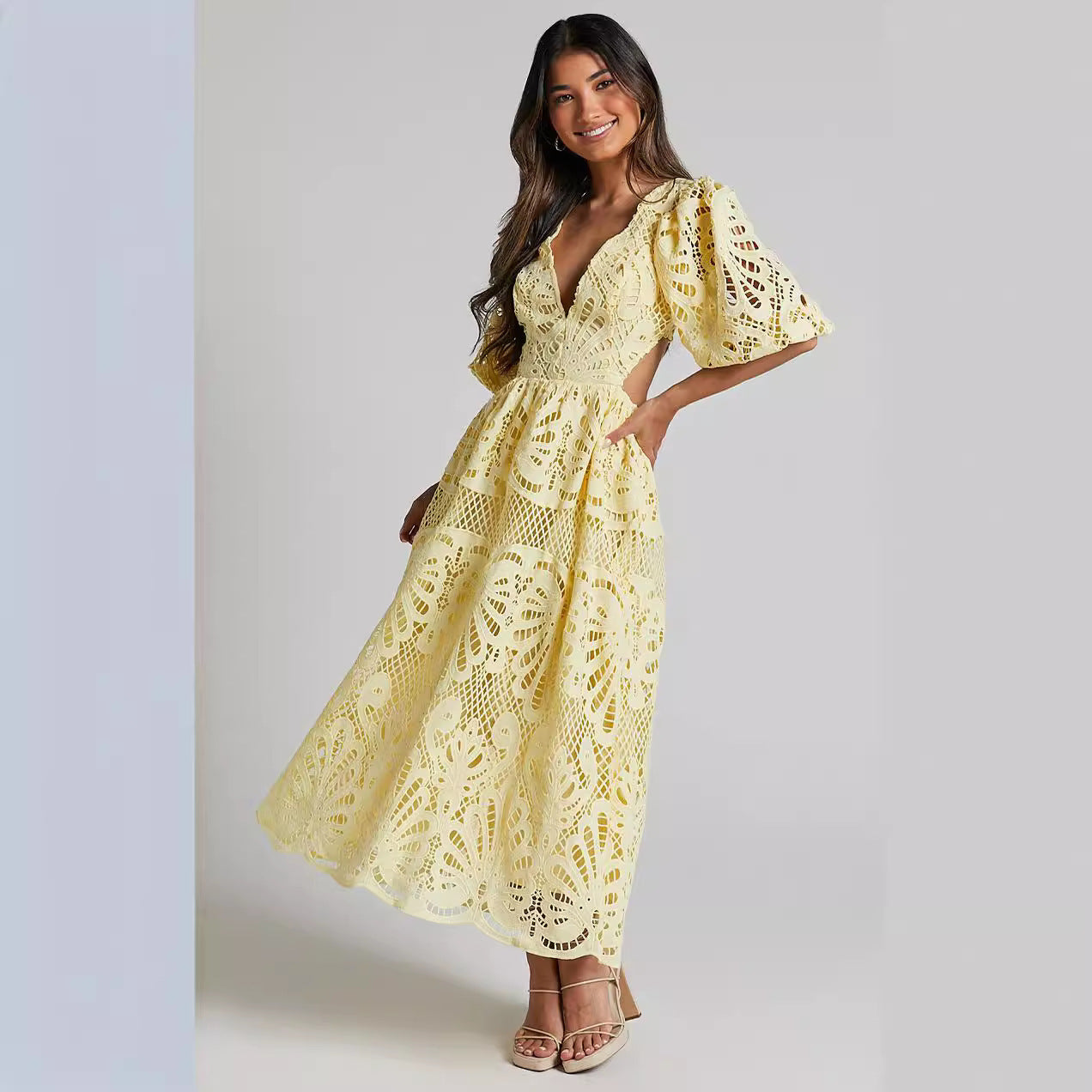 Women's Hollow Out V-neck Lace Embroidery Dress