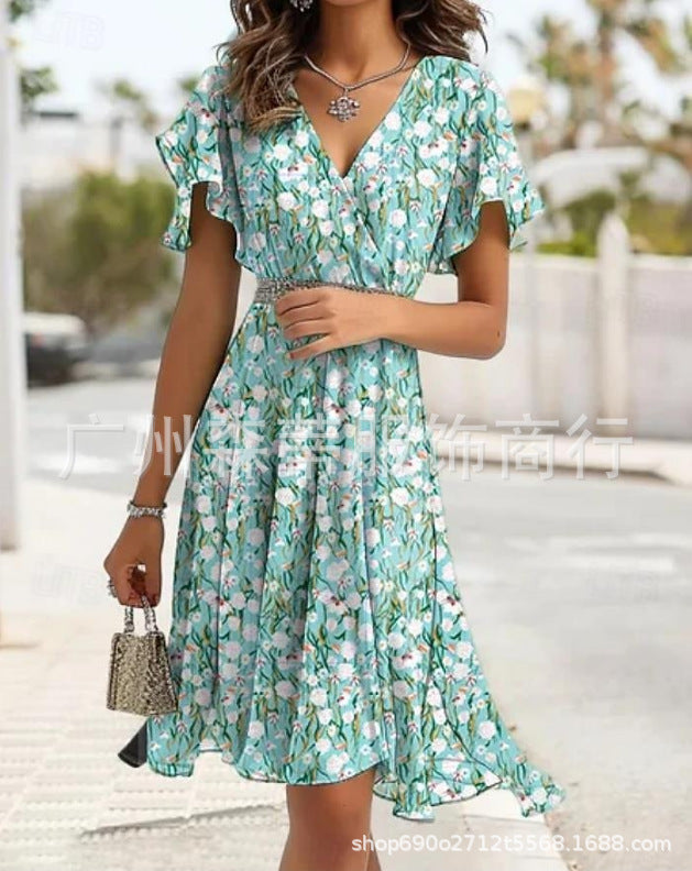 Summer Sweet Wind Ruffled V-neck Printed Waist-controlled Dress
