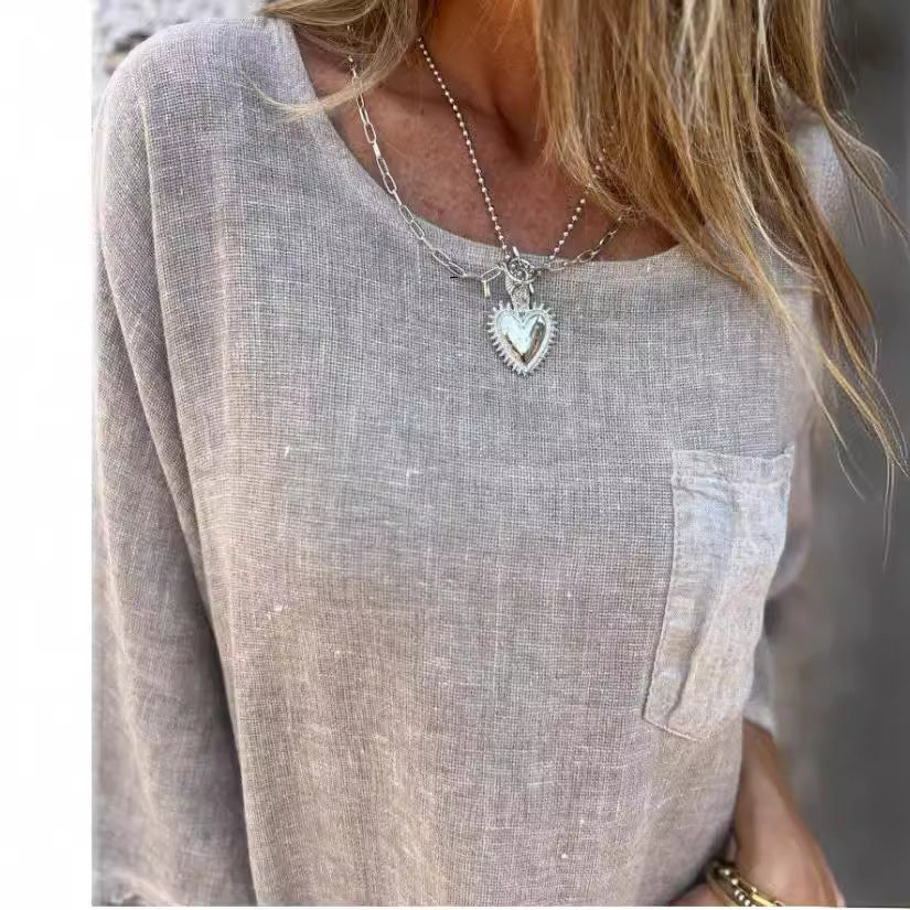 Round Neck Pullover Bat Three-quarter-length-sleeved T-shirt Pocket Color Matching