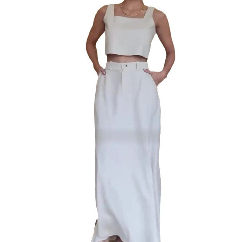 Woman Square-neck Short Sleeveless Sling High Waist Skirt Casual Suit