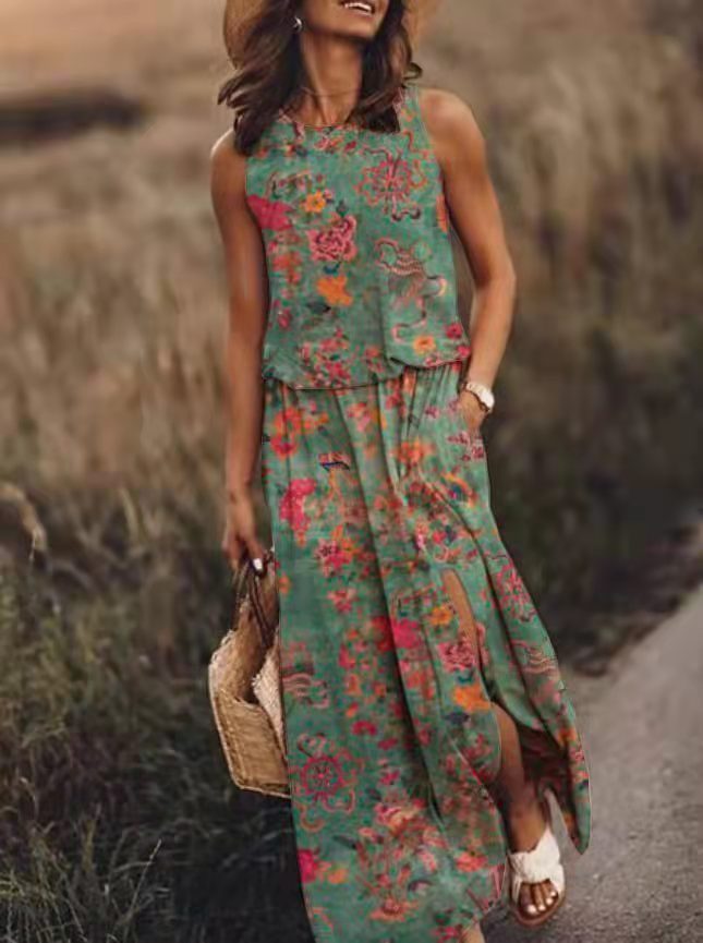 Sleeveless Printed Sling Long Women's Loose Split Dress