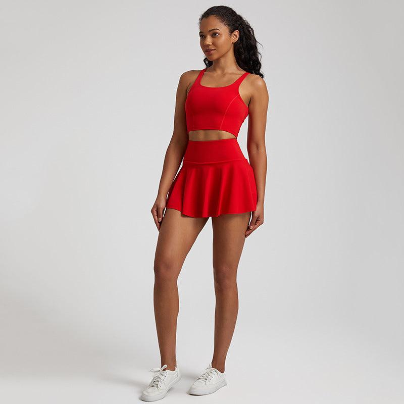 Nude Feel Outdoor Running Fitness Casual Pleated Mini Skirt Vest Suit