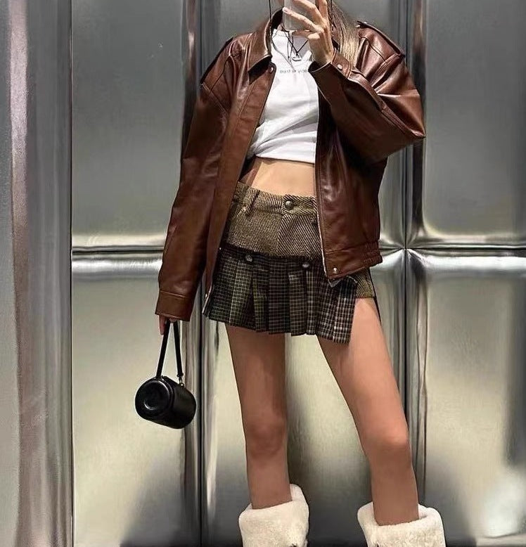 Women's Retro American Plaid Stitching Skirt