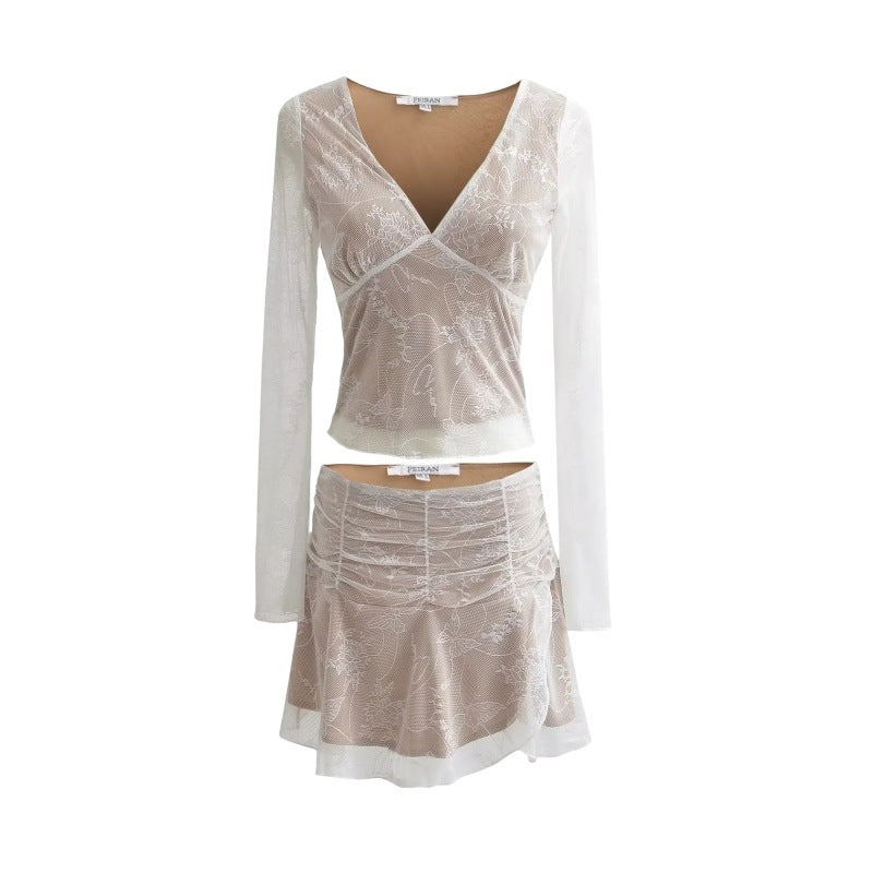 Deep V-neck Long Sleeve Lace Stitching Sheer Long Sleeve Top Low Waist Irregular Skirt Suit