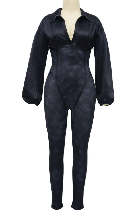 Women's Clothing V-neck Gigot Sleeve Tight Stitching Jumpsuit