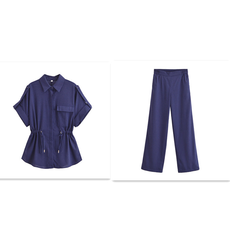 Europe And America Cross Border Women's Linen Adjustable Waist Shirt Straight-leg Pants Suit