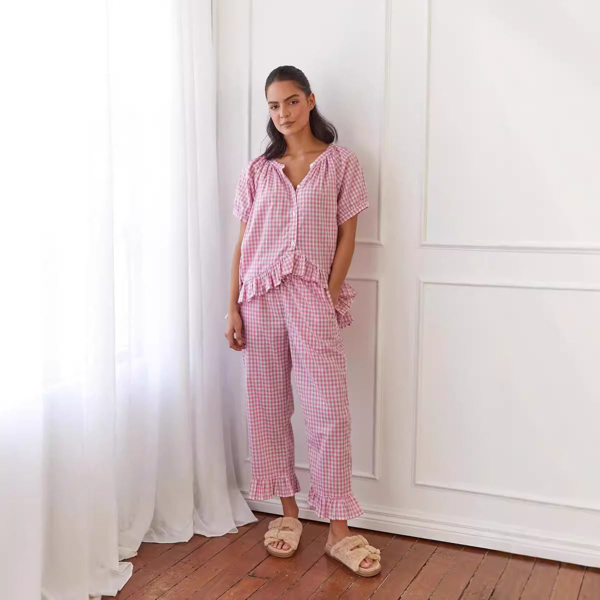 Women's Comfort And Casual Ruffled Button Top Trousers Suit