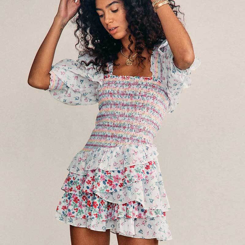 Bohemian Resort Style Romantic Printed Puff Sleeve Dress
