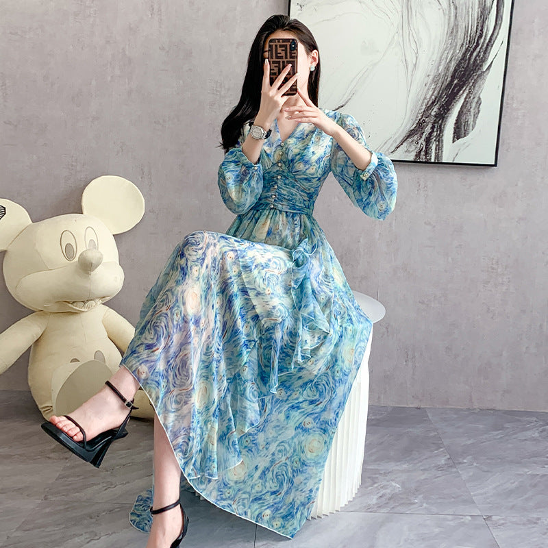 Printed Long Dress Star Yarn Chiffon Ruffled Swing Dress