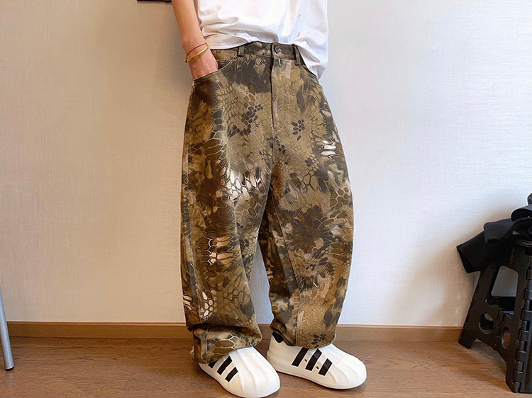 Spring Retro Canvas Snake Pattern Camouflage Heavy Washed Ruan Handsome Loose Casual Pants