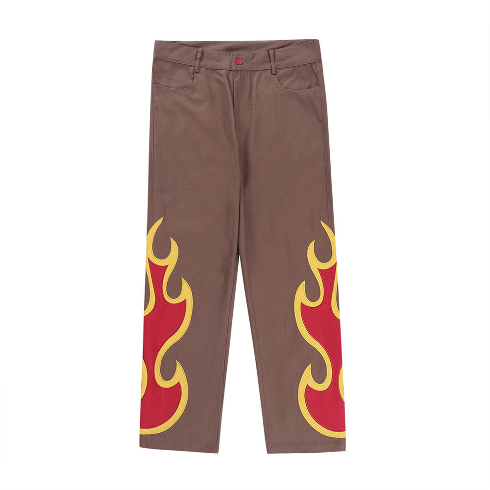 Embroidered Flame Casual Straight Pants