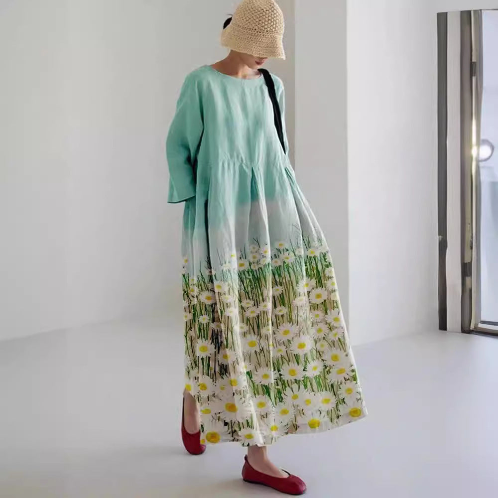 Summer European And American Women's Loose Round Neck Fashion Advanced Long Sleeve 3D Printing Dress