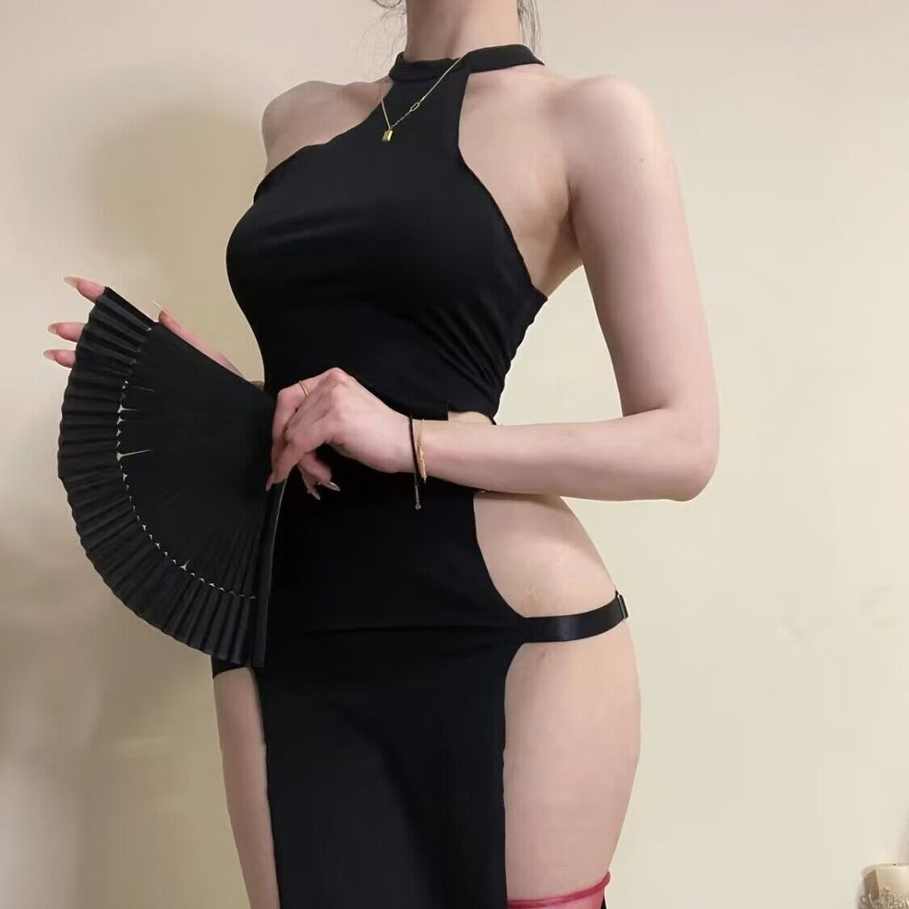 Solid Color Pullover Sleeveless Hollow-out Side Slit High Waist European And American Tight Dress