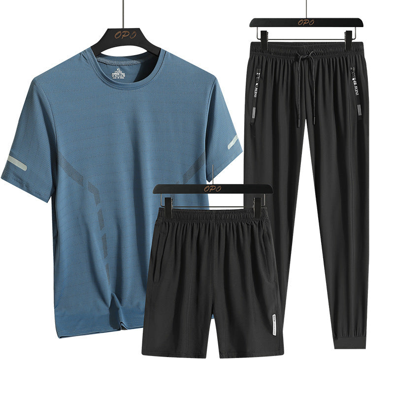Men's Sports Short Sleeve  Pants Three-piece Thin Breathable