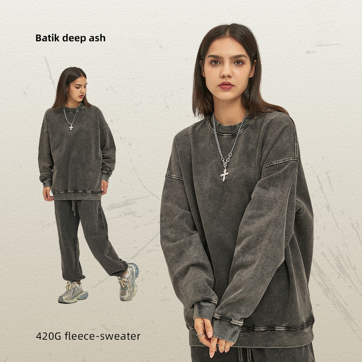 Men's Waxed Heavy Round Neck Sweater Fashion Brand Pure Color Washed Retro Top