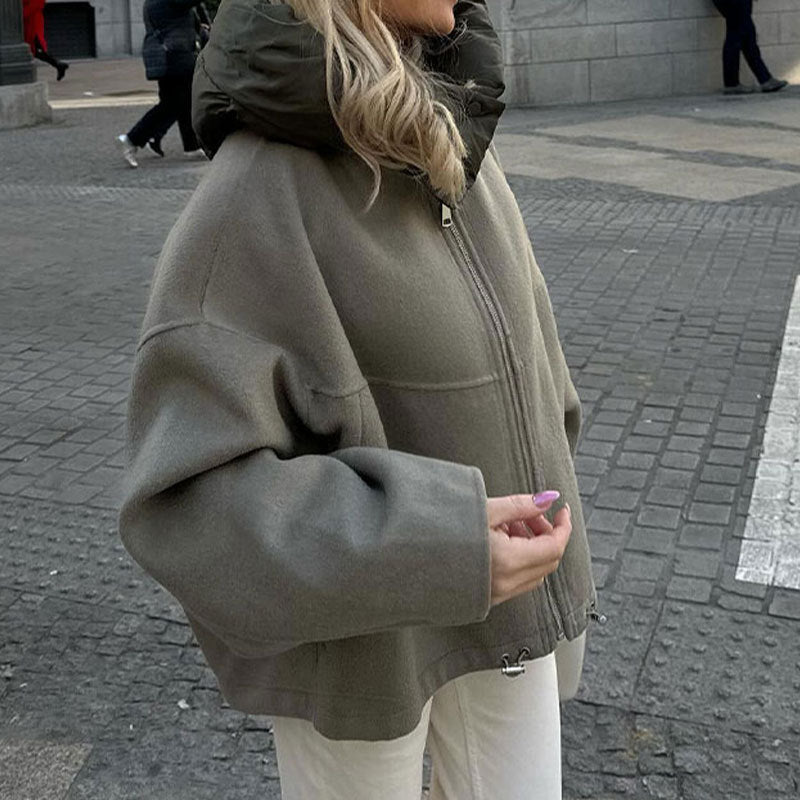 Women's Casual Detachable Hat Round Neck Double-sided Stitching Jacket