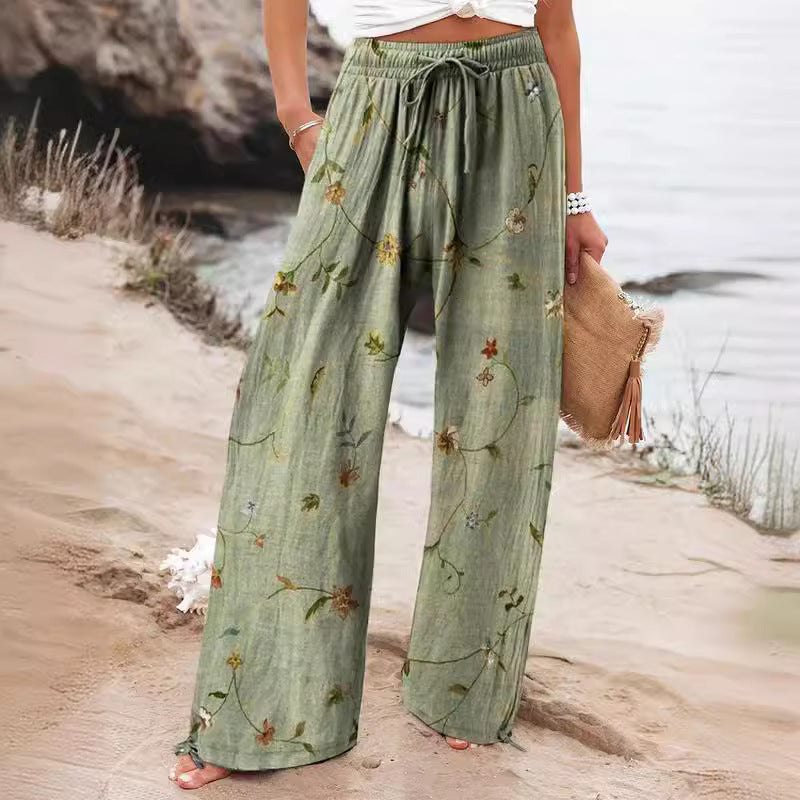 Fashionable Floral Art Printed Elastic Waist Drawstring Pocket Trousers