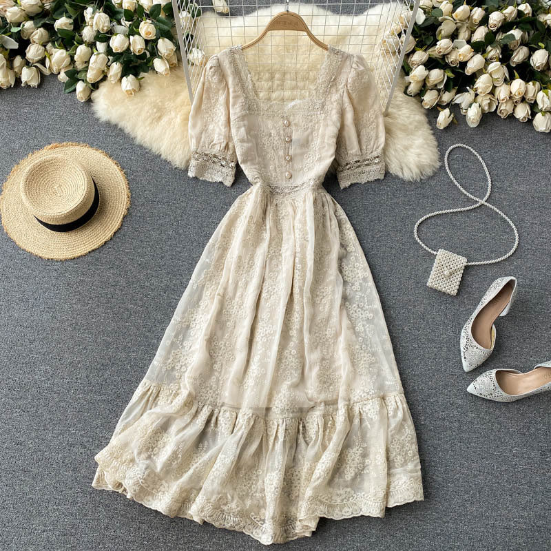Women's Vintage Heavy Duty Embroidered Lace Square Neck Slim Fit Mid Length Ruffle Dress