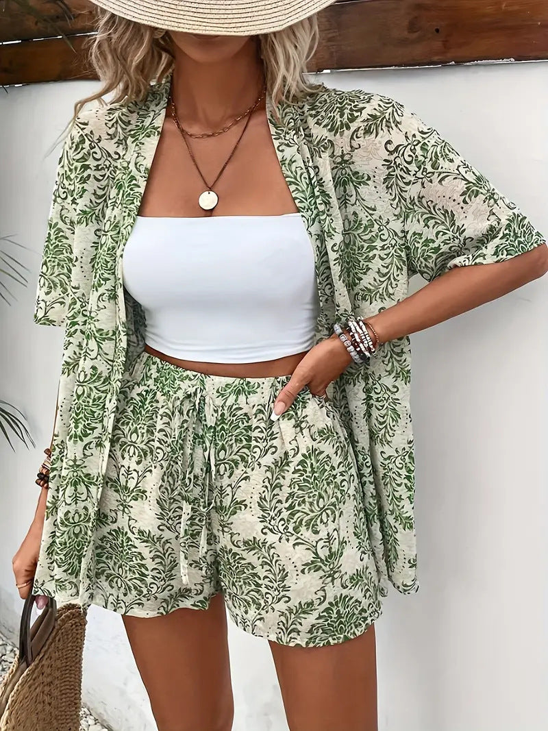 Holiday Floral Print Elegant Two-piece Shirt Short Sleeve Top Drawstring High Waist Shorts