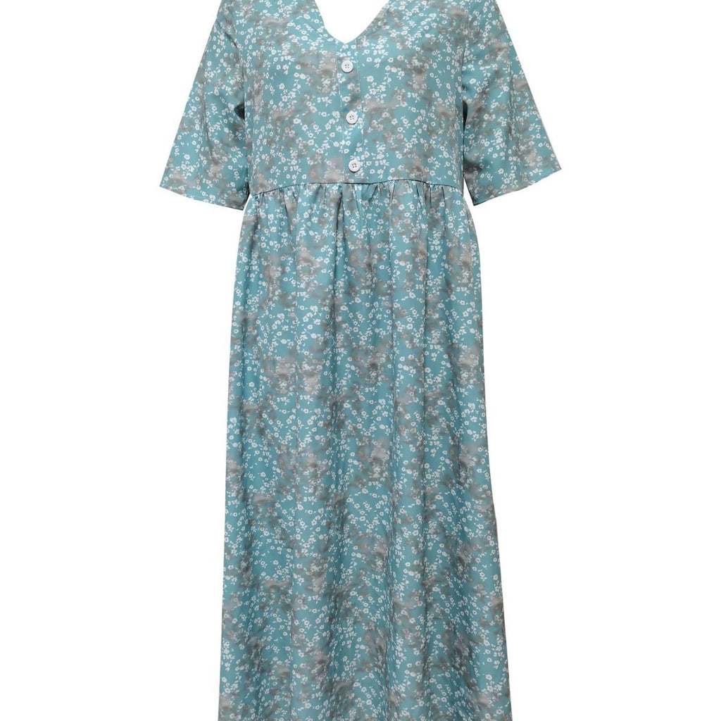 Casual Flower Print Pocket Pleated V-neck Button Dress