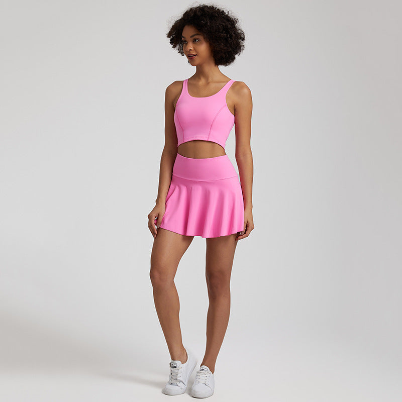Nude Feel Outdoor Running Fitness Casual Pleated Mini Skirt Vest Suit