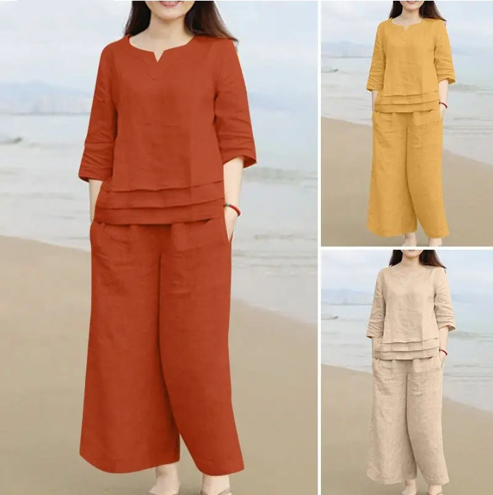 Casual Women Loose Solid Color Shirt Trousers Suit