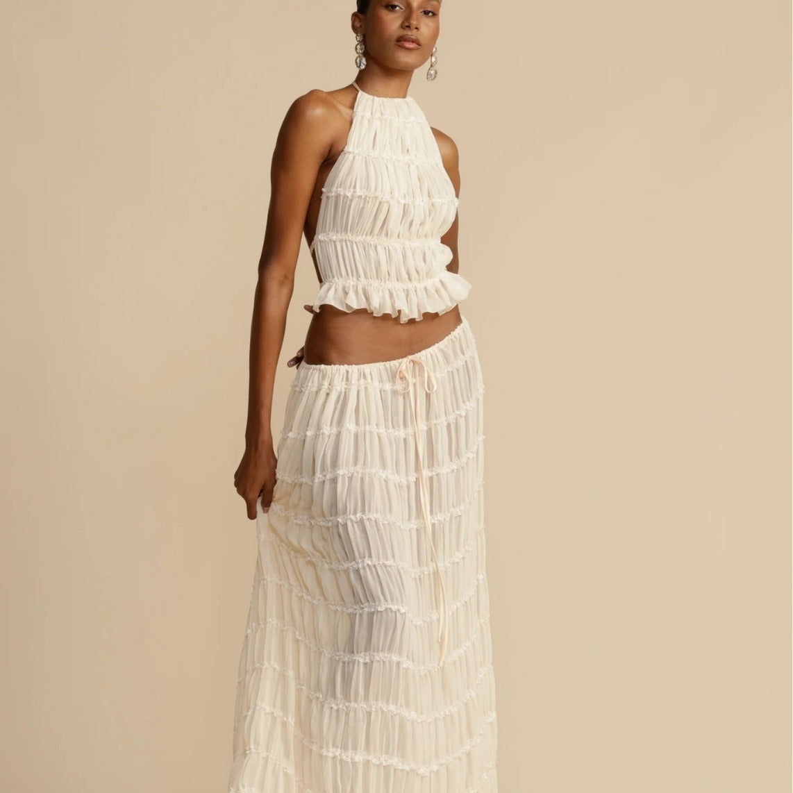 Summer New Backless Halter Strap Drawstring Chiffon Pleated Dress Two-piece Set