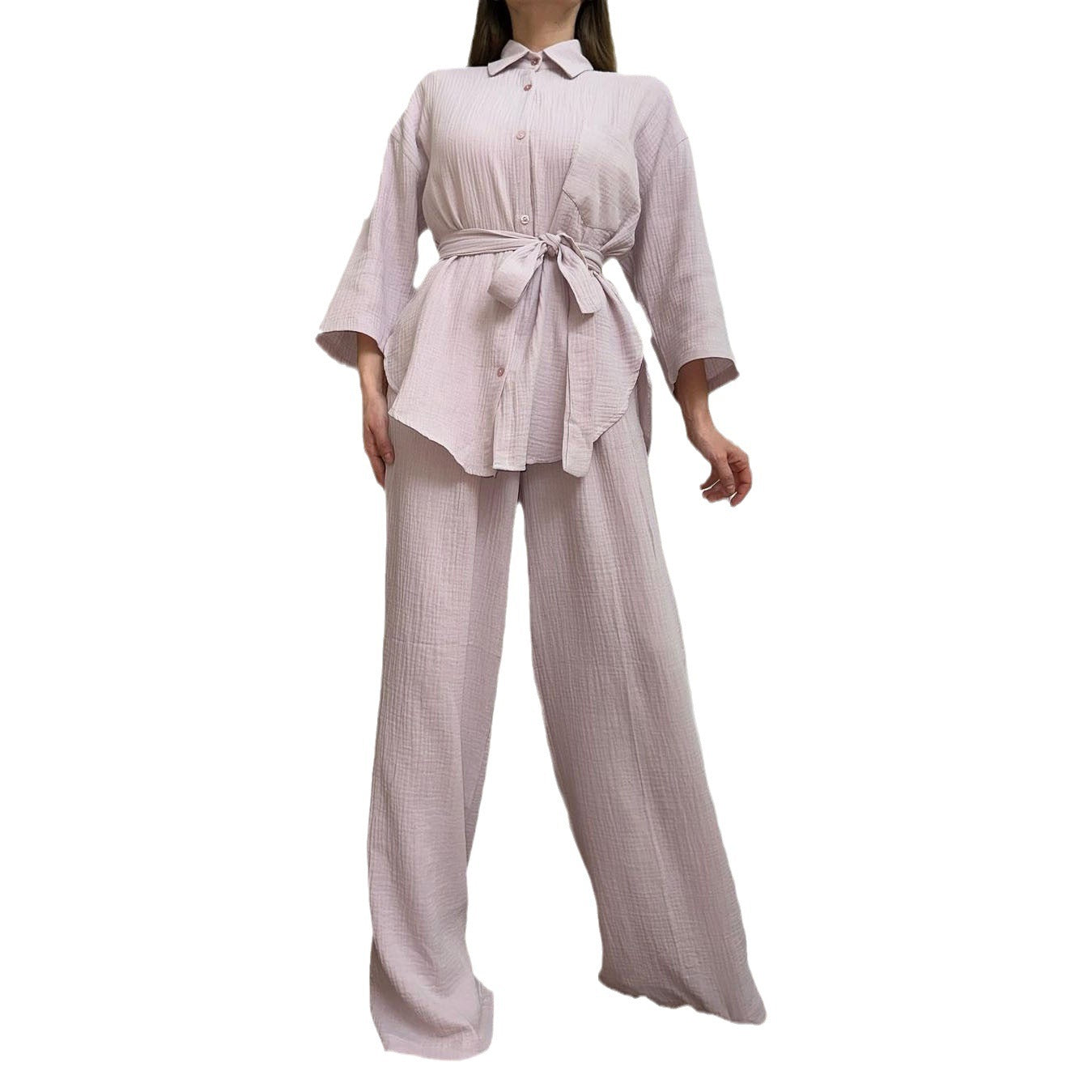 Fashion Loose-fitting Long Sleeves Lace-up Shirt Wide Leg Trousers Suit