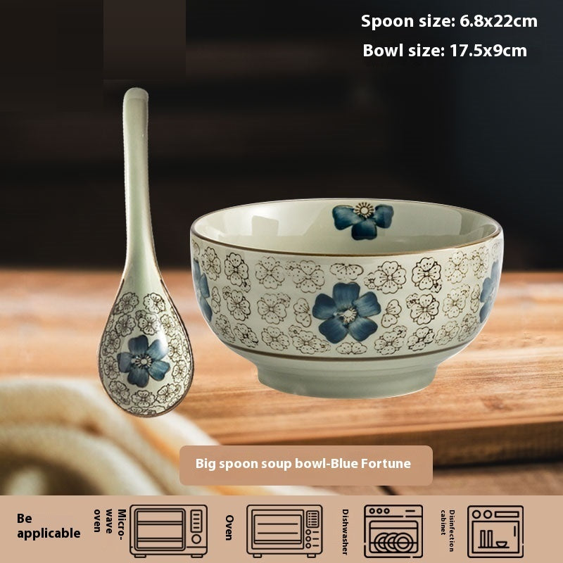 Household Ceramic Long Handle Scoop And Spoon Deep Mouth Soup Bowl
